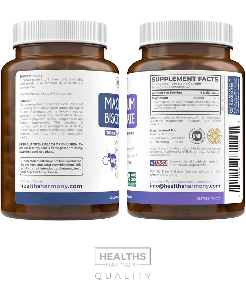 Healths Harmony Magnesium Bisglycinate Capsules, High Absorption, Gentle, Calm, & Non-Laxative, Health's Harmony, 60ct