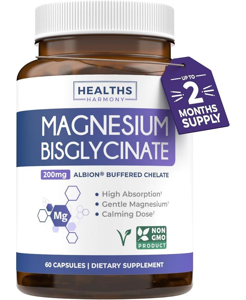 Healths Harmony Magnesium Bisglycinate Capsules, High Absorption, Gentle, Calm, & Non-Laxative, Health's Harmony, 60ct