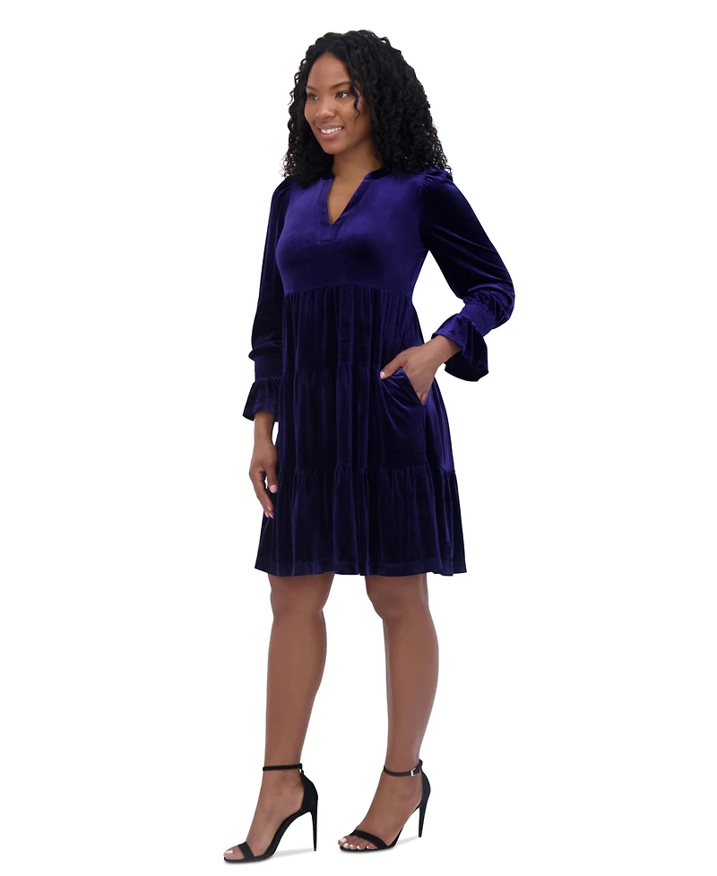 Jessica Howard Women's Velvet Smocked-Sleeve Flounce-Hem Dress