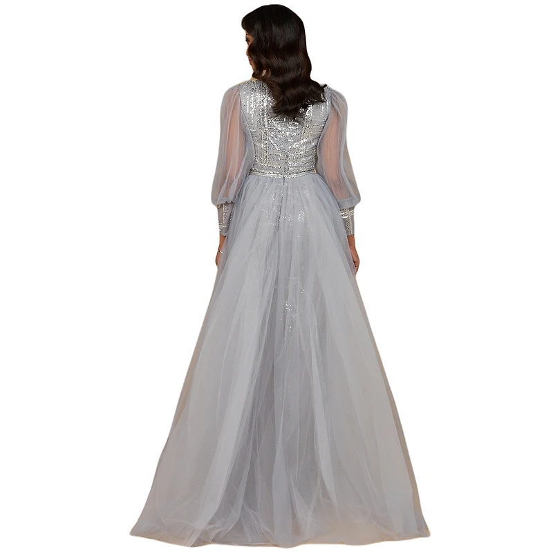 Lara Women's Long Sleeve Lace Gown with Removable Over Skirt