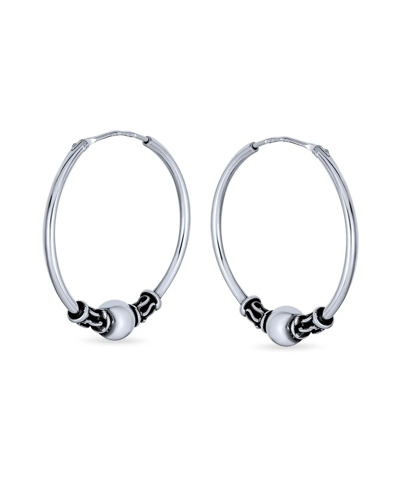 Bling Jewelry Bali Style Tribal Ball Bead Continuous Endless Round Hoop Earrings Oxidized .925 Sterling Silver 1 Inch Diameter