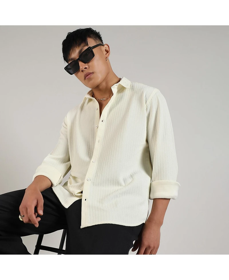 Campus Sutra Men's Pale Yellow Stripe-Creased Shirt