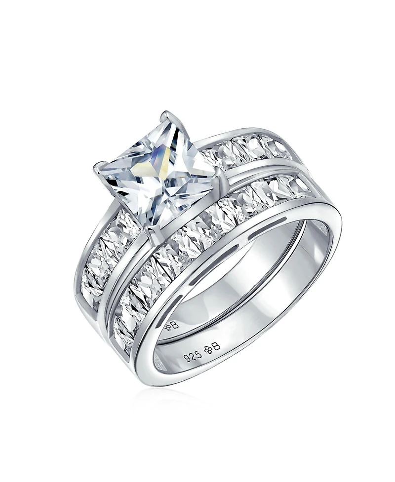 Bling Jewelry 2CT Princess Cut Solitaire Side Stone Cz Square Anniversary Band Engagement Wedding Ring Set .925 Sterling Silver