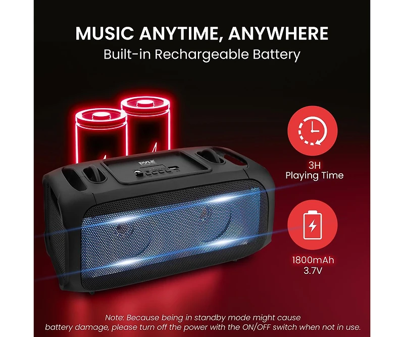 Pyle Wireless Bluetooth BoomBox Stereo Speaker System with Full Panel Led Lights, Fm Radio, and Microphone Input