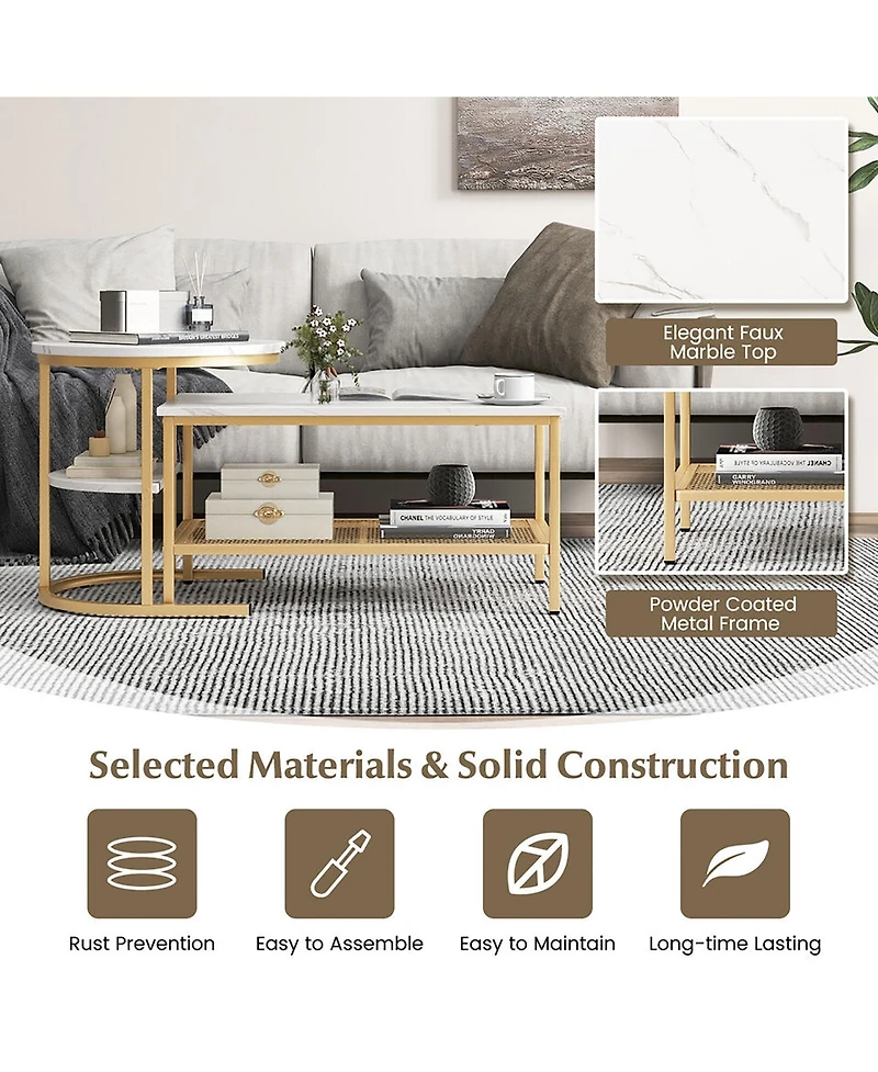 Gymax Nesting Coffee Table Set of 2 Faux Marble Top Detachable w/ Storage Shelf Gold