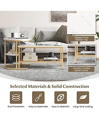 Gymax Nesting Coffee Table Set of 2 Faux Marble Top Detachable w/ Storage Shelf Gold