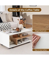 Gymax Geometric Coffee Table w/ Storage Shelves 3-Tier Rectangular Tea Rustic Brown