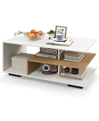 Gymax Geometric Coffee Table w/ Storage Shelves 3-Tier Rectangular Tea Rustic Brown