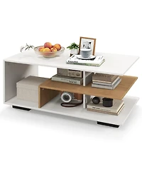 Gymax Geometric Coffee Table w/ Storage Shelves 3-Tier Rectangular Tea Rustic Brown
