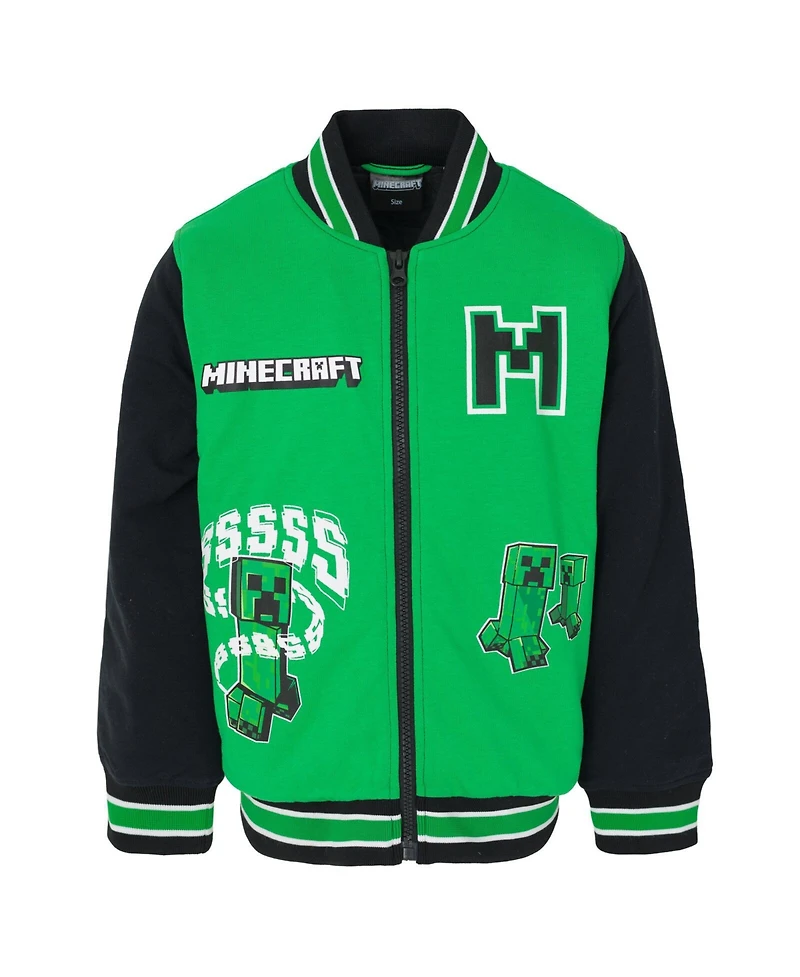 Minecraft Boys Creeper French Terry Zip Up Varsity Bomber Jacket
