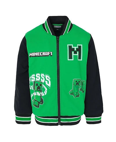 Minecraft Boys Creeper French Terry Zip Up Varsity Bomber Jacket