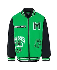 Minecraft Boys Creeper French Terry Zip Up Varsity Bomber Jacket