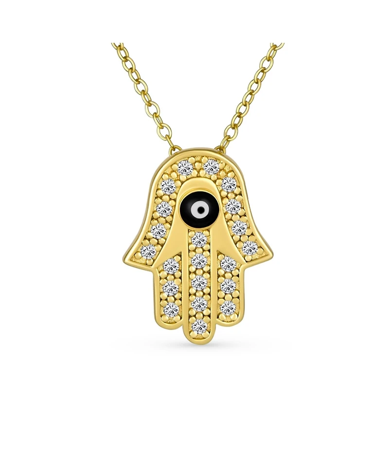 Bling Jewelry Turkish Amulet Talisman Delicate Dainty Evil Eye Hamsa Hand Of Fatima Of God Pendant Necklace Cubic Zirconia Cz 14K Yellow Gold Plated .
