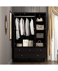 Famapy Brown Paint Big Wardrobe Armoires With Mirror,Drawers,Shelves