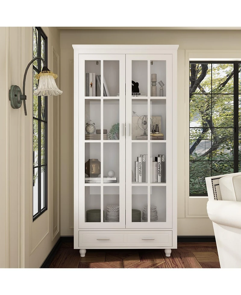 Famapy White Storage Cabinet Bookcase with Tempered Glass Doors,-Drawer