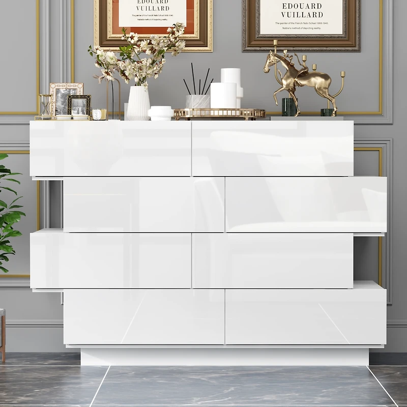Homsee High Gloss White Wood 8-Drawer Double Dresser Modern Style