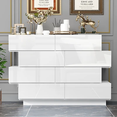 Homsee High Gloss White Wood 8-Drawer Double Dresser Modern Style