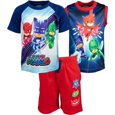 Pj Masks Boys T-Shirt Tank Top and French Terry Shorts 3 Piece Outfit Set