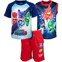 Pj Masks Boys T-Shirt Tank Top and French Terry Shorts 3 Piece Outfit Set