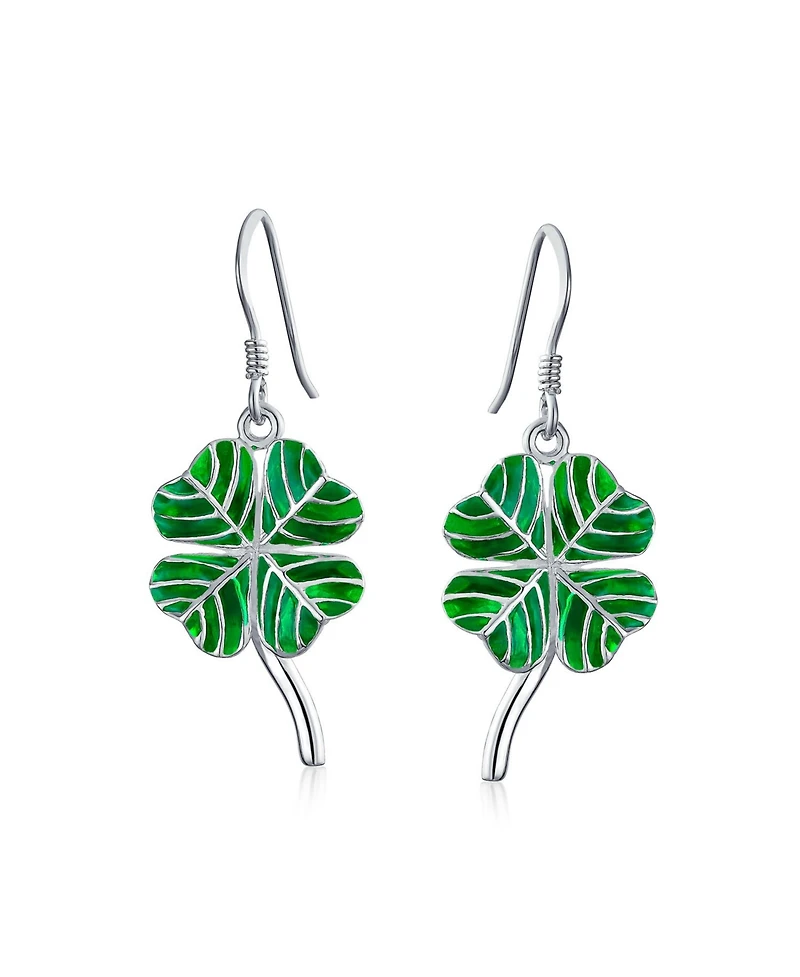 Bling Jewelry Green Enamel Shamrock Lucky Four Leaf Clover Irish Celtic Dangling Earrings .925 Sterling Silver Fish Wire