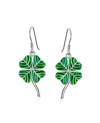 Bling Jewelry Green Enamel Shamrock Lucky Four Leaf Clover Irish Celtic Dangling Earrings .925 Sterling Silver Fish Wire