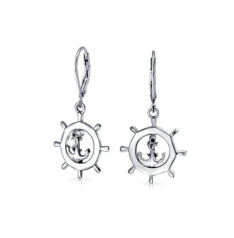 Bling Jewelry Tropical Beach Vacation Honeymoon Simple Nautical Boat Ship Wheel Anchor Lever Back Dangle Earrings .925 Sterling Silver