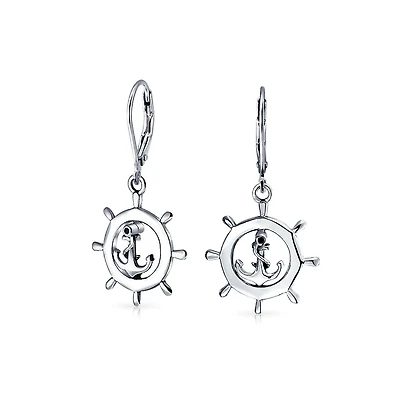 Bling Jewelry Tropical Beach Vacation Honeymoon Simple Nautical Boat Ship Wheel Anchor Lever Back Dangle Earrings .925 Sterling Silver