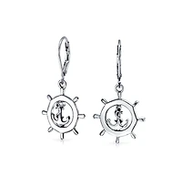 Bling Jewelry Tropical Beach Vacation Honeymoon Simple Nautical Boat Ship Wheel Anchor Lever Back Dangle Earrings .925 Sterling Silver