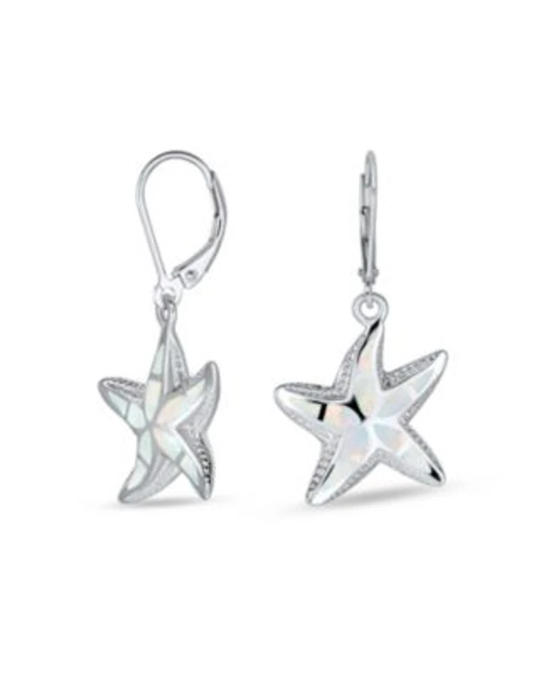 Bling Jewelry Iridescent Created Opal Inlay Nautical Vacation Honeymoon Ocean Marine Life Starfish Dangle Drop Lever back Earrings Sterling Silver