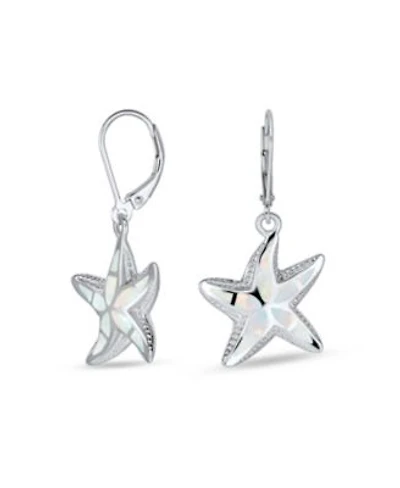 Bling Jewelry Iridescent Created Opal Inlay Nautical Vacation Honeymoon Ocean Marine Life Starfish Dangle Drop Lever back Earrings Sterling Silver