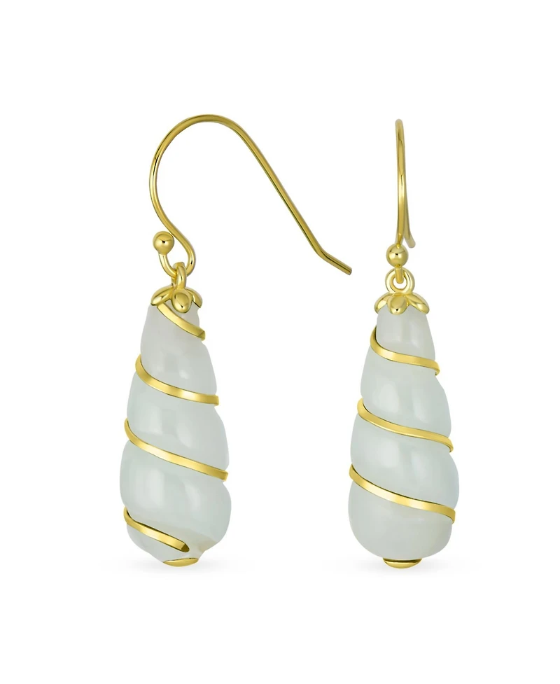 Bling Jewelry Classic Elegant Long Chandelier Natural Dark Green Jade Teardrop Dangle Earrings 14K Yellow Gold Overlay Twisting Swirl Accent .925 Ster