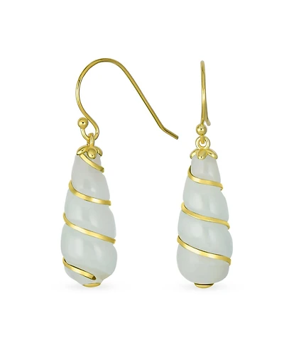 Bling Jewelry Classic Elegant Long Chandelier Natural Dark Green Jade Teardrop Dangle Earrings 14K Yellow Gold Overlay Twisting Swirl Accent .925 Ster
