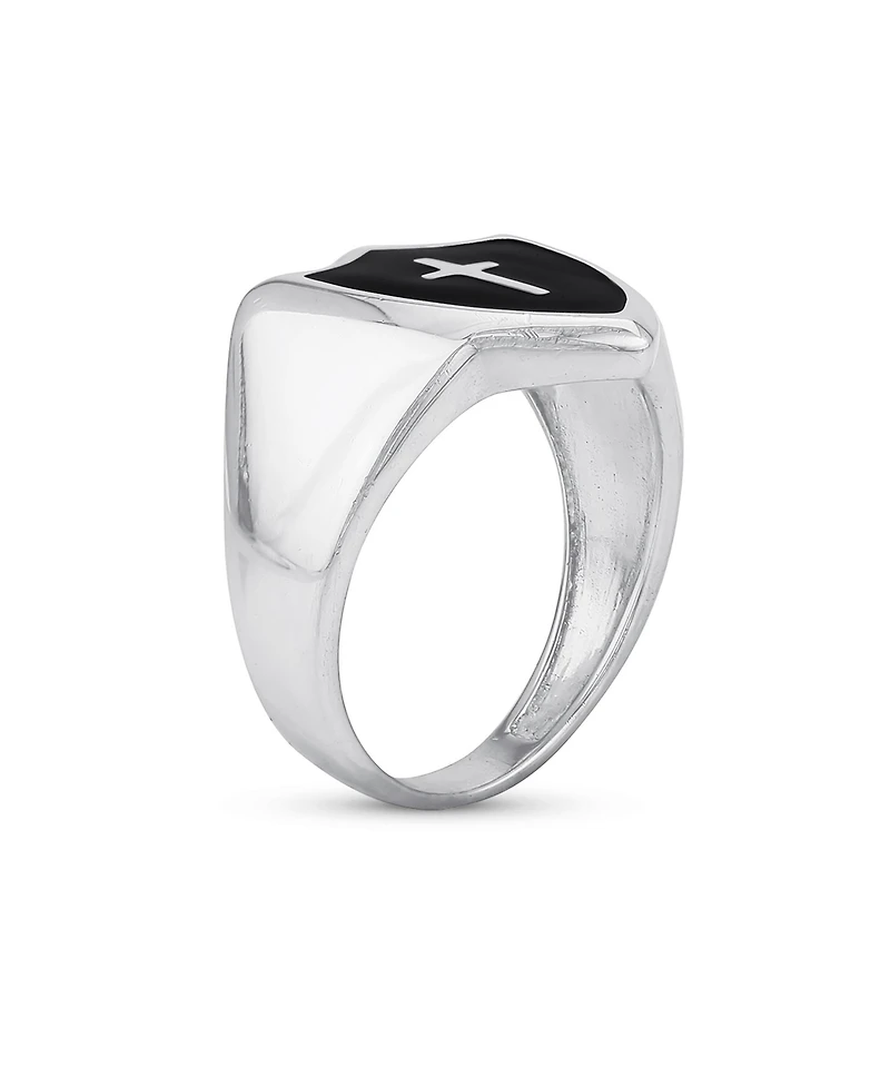 Bling Jewelry Black Natural Onyx Inlay Religious Christian Shield Cross Signet Ring Sterling Silver
