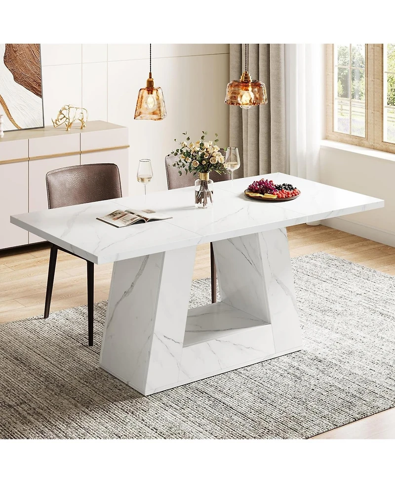 Tribesigns Dining Table for 4 to 6 People, 63" Rectangular Dining Room Table, Modern Wooden Faux Marble Dinner Table with Sturdy Base for Kitchen