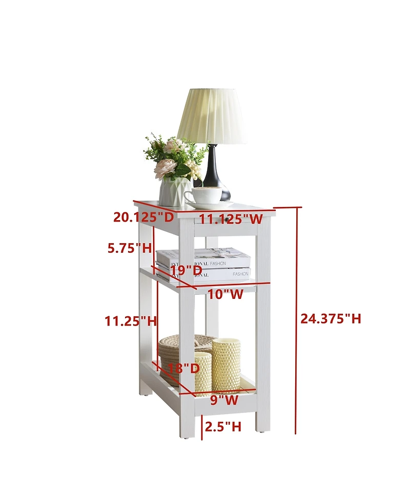 Kings Brand Furniture Slim Wood Side End Table with Storage Shelves & Pull-Out Tray, Nightstand for Bedroom, Living Room