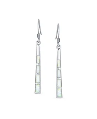 Bling Jewelry Boho Long Linear Iridescent Rainbow White Created Opal Teardrop Bar Shaped Dangle Earrings Rose Gold .925 Sterling Silver