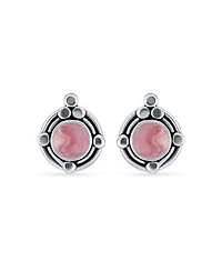 Bling Jewelry Bali Boho Bezel Set Ornate Round Stud Earrings Oxidized .925 Sterling Silver