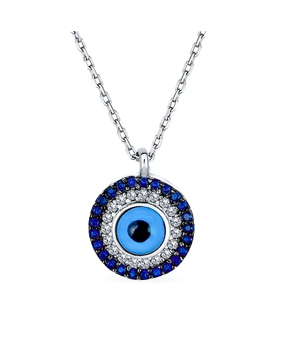 Bling Jewelry Turkish Blue Pave Cz Spiritual Protection Amulet Evil Eye Round Circle Pendant Station Necklace .925 Sterling Silver