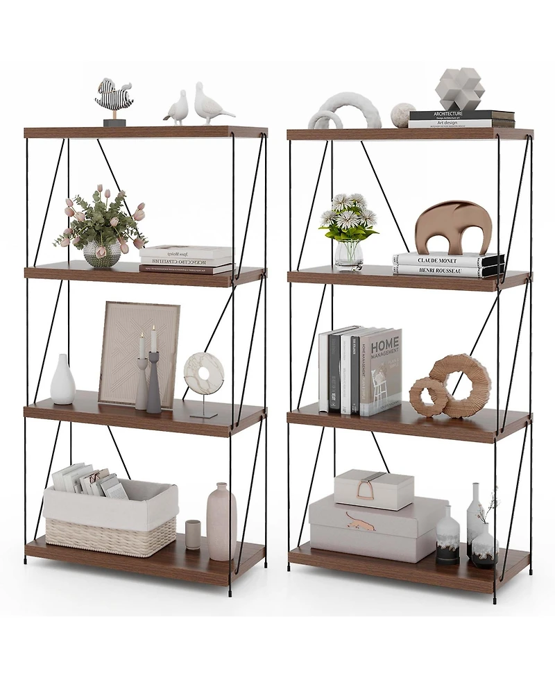 2 Pcs 4-Tier Multipurpose Display Rack Freestanding Bookcase with Metal Frame