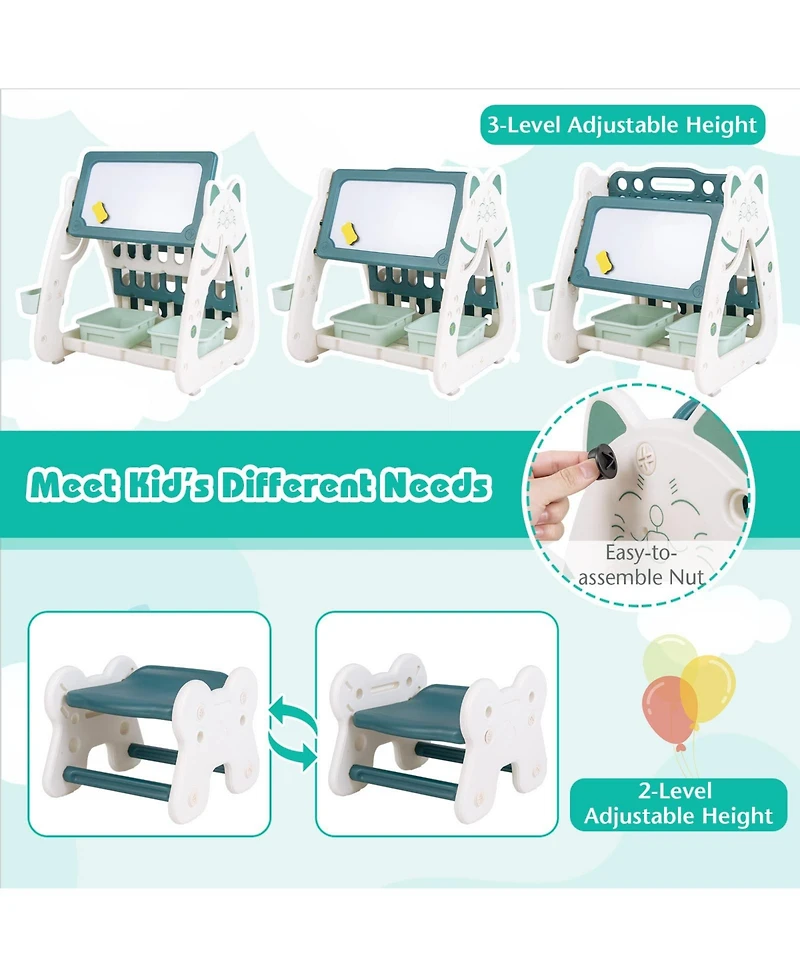 Givimo 3-In-1 Double Sided Magnetic Dry-Erase Board with Stool and Flipped Writing Desktop