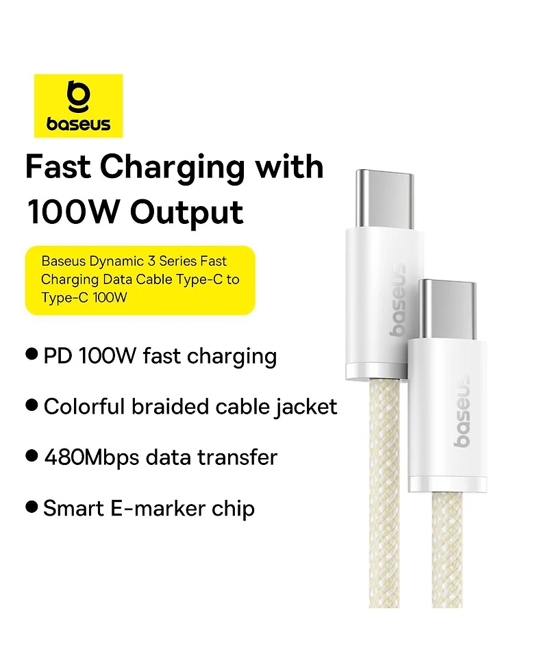 Baseus Usb-c to Usb-c Cable 100W Usb Charging Cable 3.3ft, Yellow