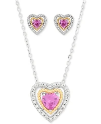 2-Pc. Set Lab Created Pink Sapphire (2 ct. t.w.) & Lab Created White Sapphire (1-1/5 ct. t.w.) Heart Pendant Necklace & Matching Stud Earrings in Ster