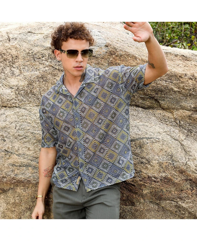 Campus Sutra Men's Lapis Blue & Yellow Ochre Geometric Block Oversized Shirt