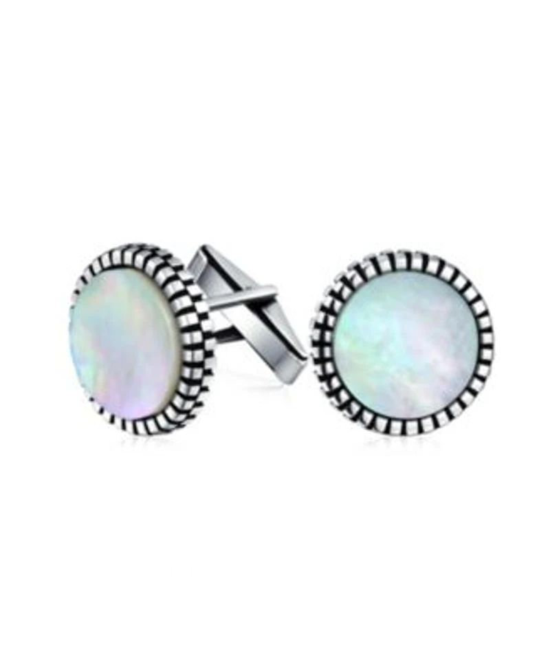 Bling Jewelry Classic Formal Geometric Blackened Pattern Edge Round Circle White Mother Of Pearl Shirt Cufflinks Bullet Hinge .925 Sterling Silver