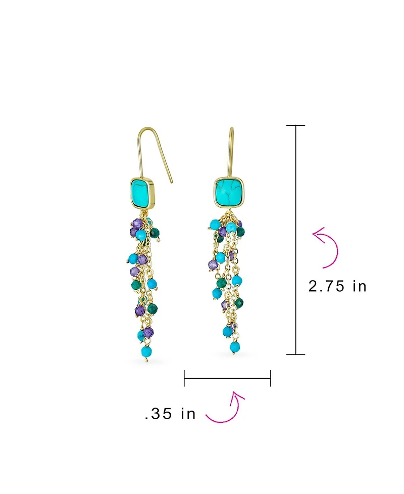 Bling Jewelry Boho Mixed Cluster Bead Accent Linear Fish Hook Thin Lightweight Long Natural Purple Amethyst Blue Turquoise Waterfall Tassel Dangle Ear