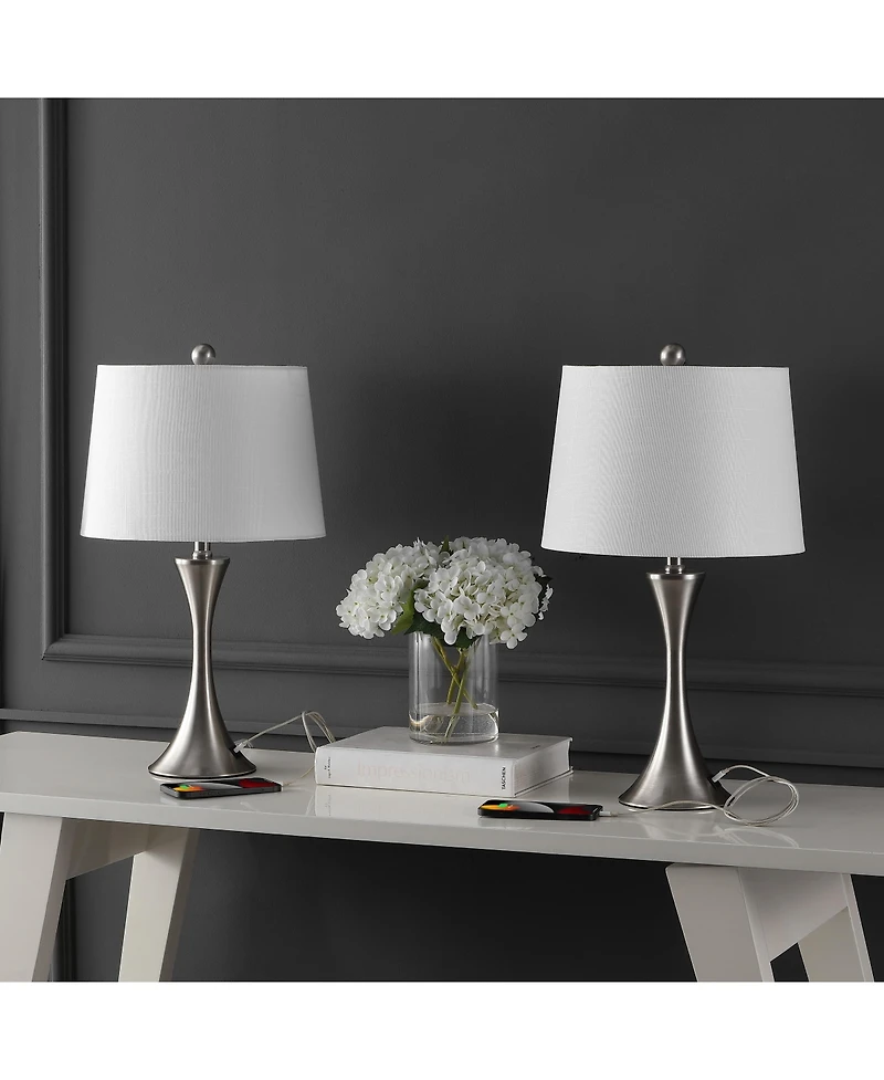 Jonathan Y Bennett 22.75" Modern Glam Iron Hourglass Led Table Lamp with Usb Charging Port, Nickel (Set of 2)