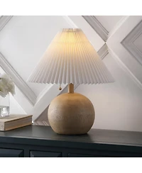 Jonathan Y Aksel 17.25" Coastal Scandinavian Resin/Iron Sphere Led Table Lamp with Pleated Shade and Pull Chain, Beige Wood Finish/White