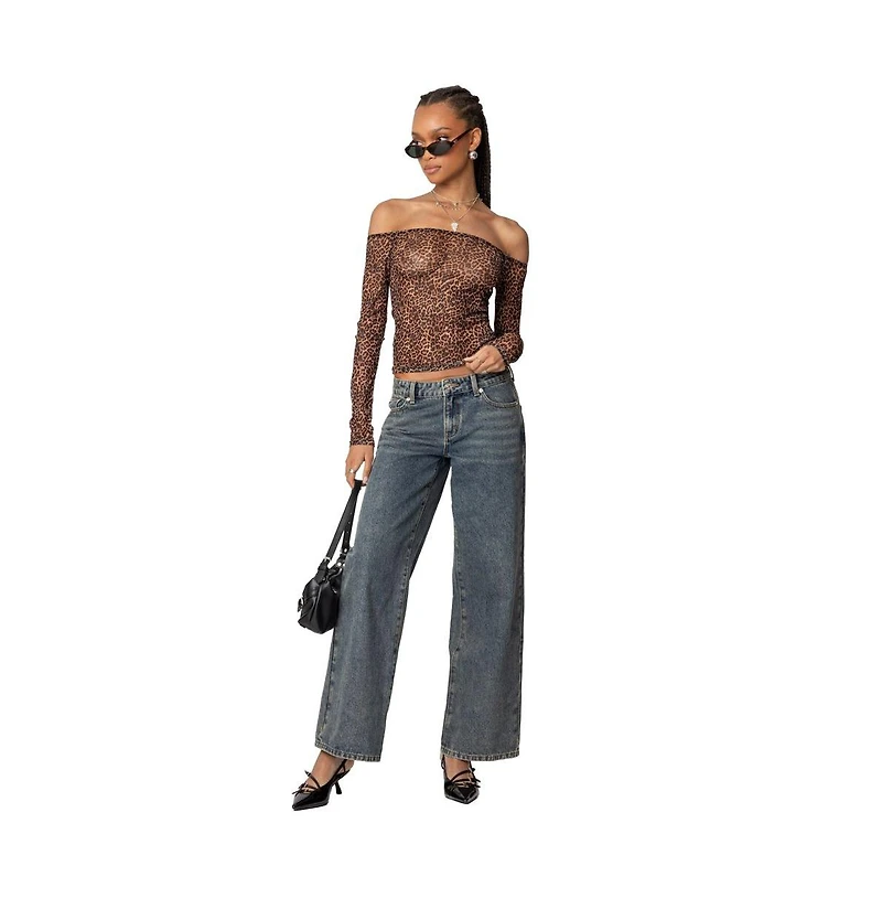 Edikted Womens Leopard Sheer Mesh Off Shoulder Top