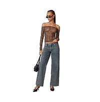 Edikted Womens Leopard Sheer Mesh Off Shoulder Top