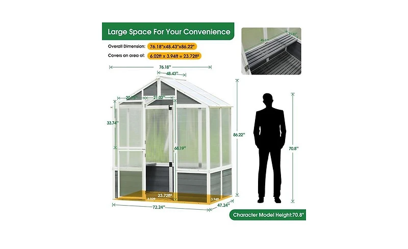 Slickblue Wooden Polycarbonate Walk-in Greenhouse Outdoor Garden Shed for Plants, Patio & Backyard